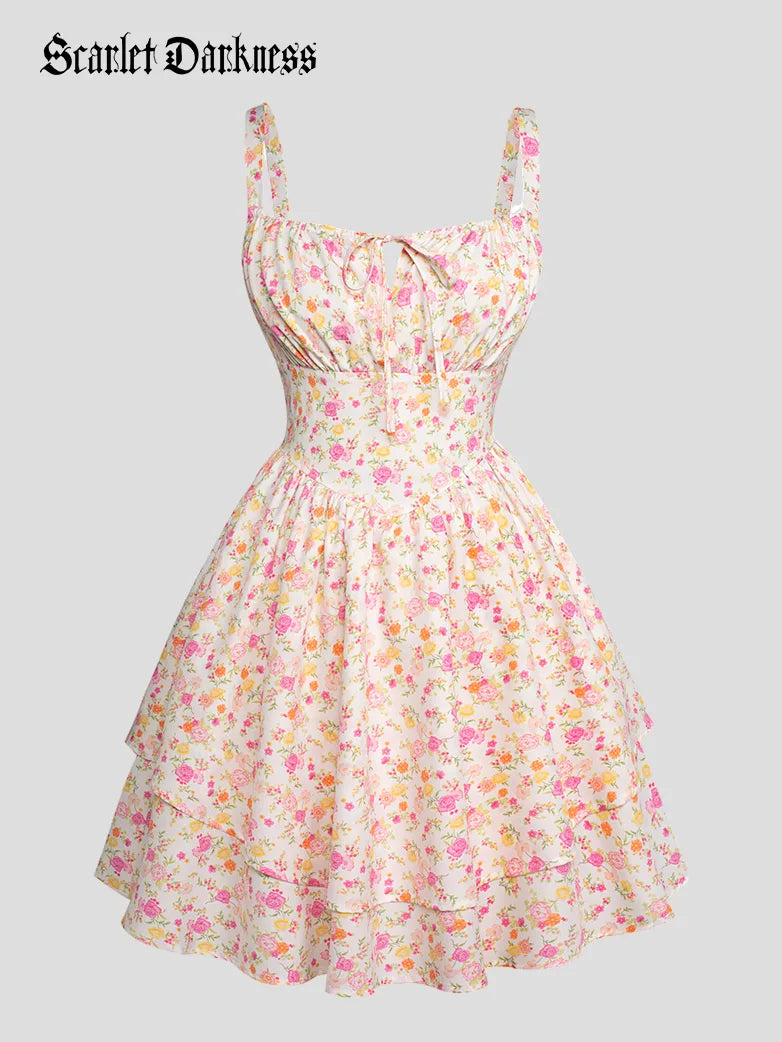 Women Summer Floral Puffy Corset Dress