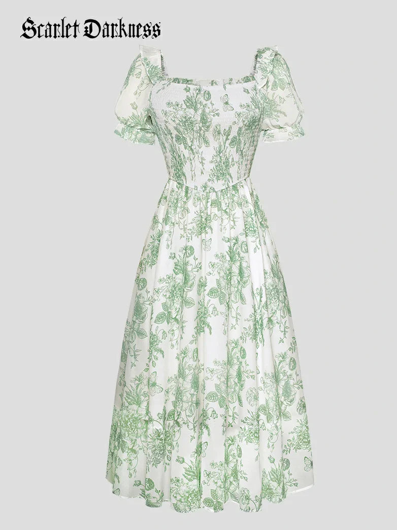 Bridgeton Puff sleeves Chiffon Pleated Pocket Dress