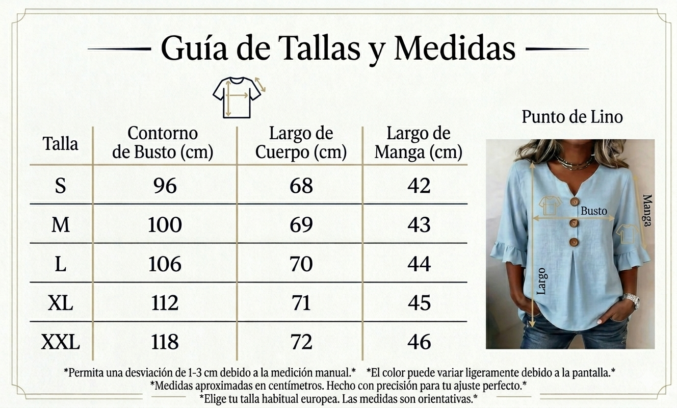 Guía de tallas de MARIA TERESA-Blusa de algodón y lino en color liso, con botones de madera y volantes