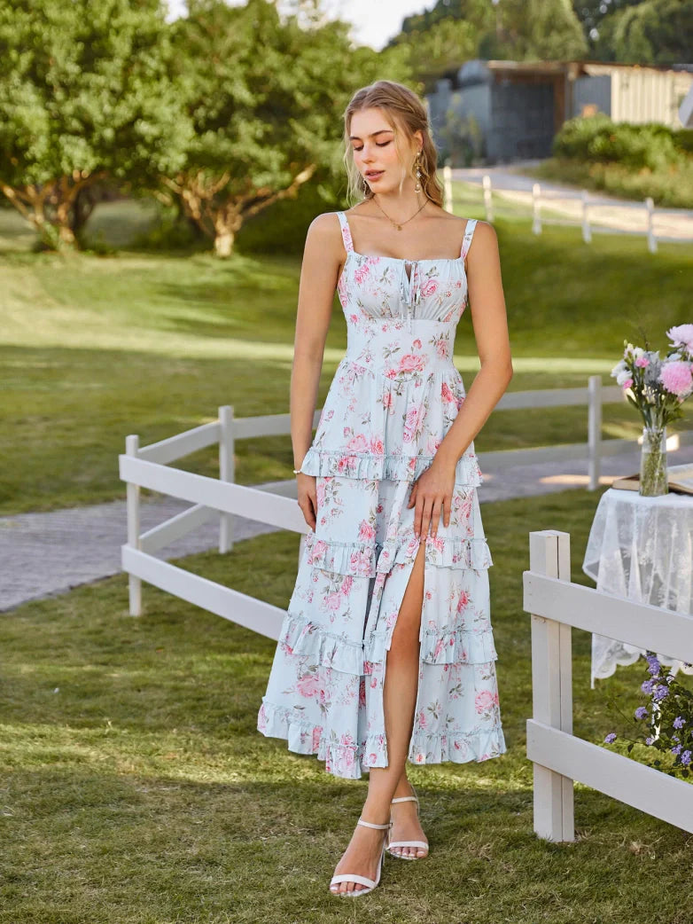 Valentine's Day Floral Summer Front Slit Pocket Dress