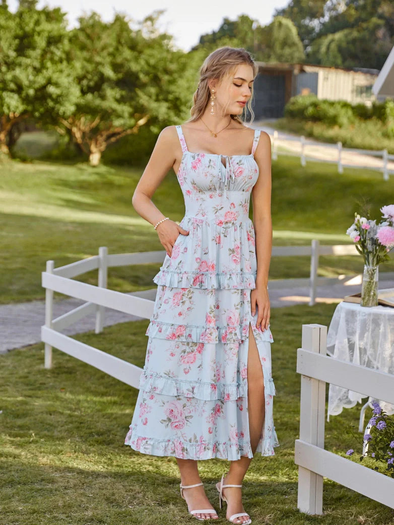 Valentine's Day Floral Summer Front Slit Pocket Dress