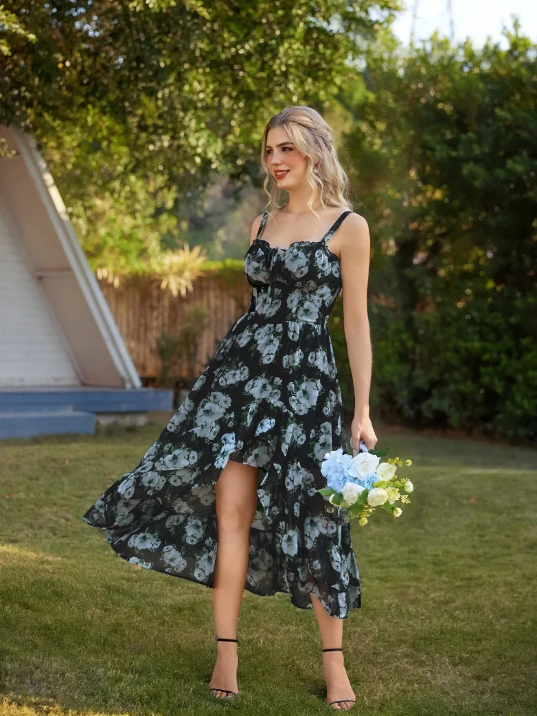 Spring Chiffon High-Low Slit Wedding Guest Dress