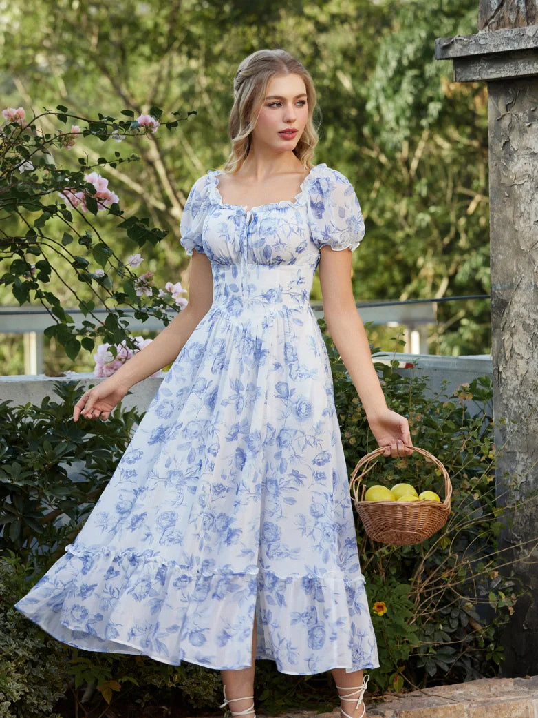 Victoria Garden Tea Party Floral Chiffon Pockets Dress