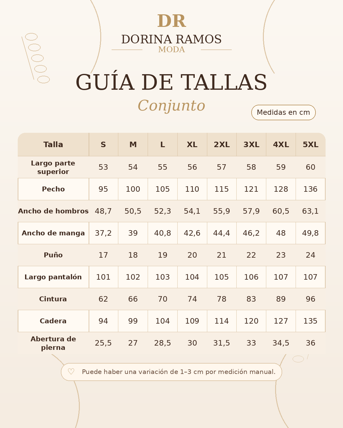 Guía de tallas de Vera | Conjunto deportivo de tres piezas