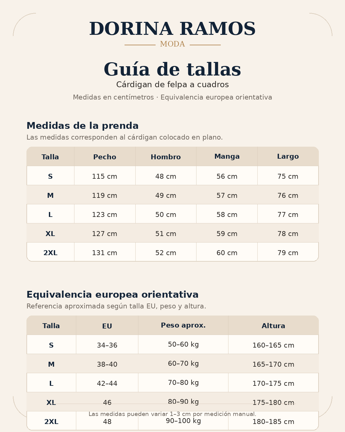 Guía de tallas de Sabina | Cárdigan de felpa a cuadros