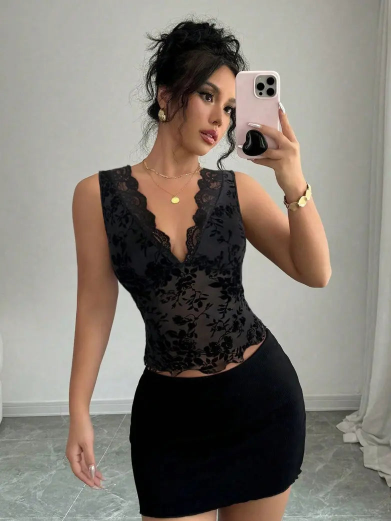 Gothic Slim Fit Flocked Mesh Lace V-Neck Vest Top
