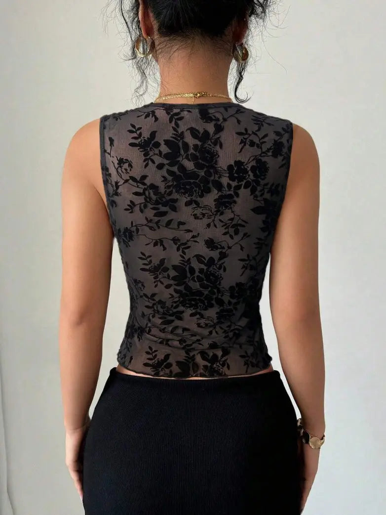 Gothic Slim Fit Flocked Mesh Lace V-Neck Vest Top