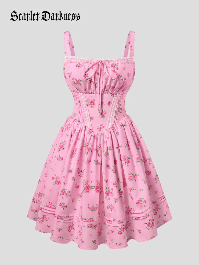 Victorian Puffy Corset Dress Sundress with Pockets