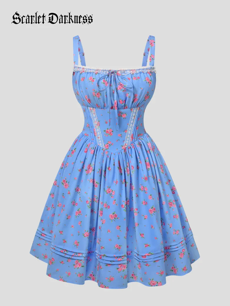 Victorian Puffy Corset Dress Sundress with Pockets