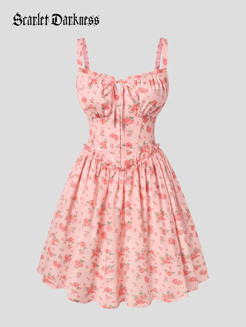 Victorian Floral Spring Corset Dress with Pockets