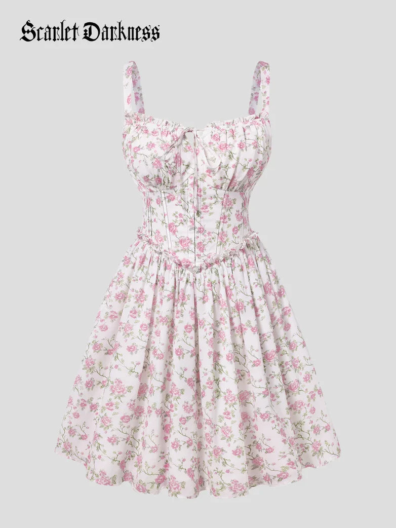 Victorian Floral Spring Corset Dress with Pockets