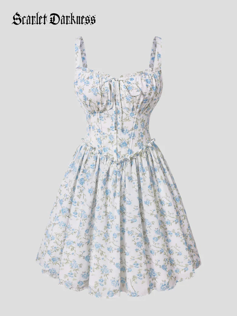 Victorian Floral Spring Corset Dress with Pockets