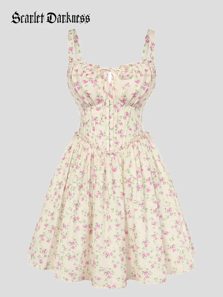 Victorian Floral Spring Corset Dress with Pockets