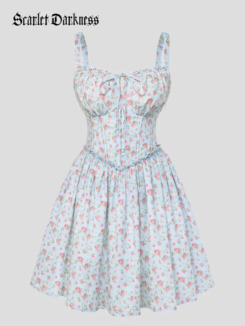 Victorian Floral Spring Corset Dress with Pockets