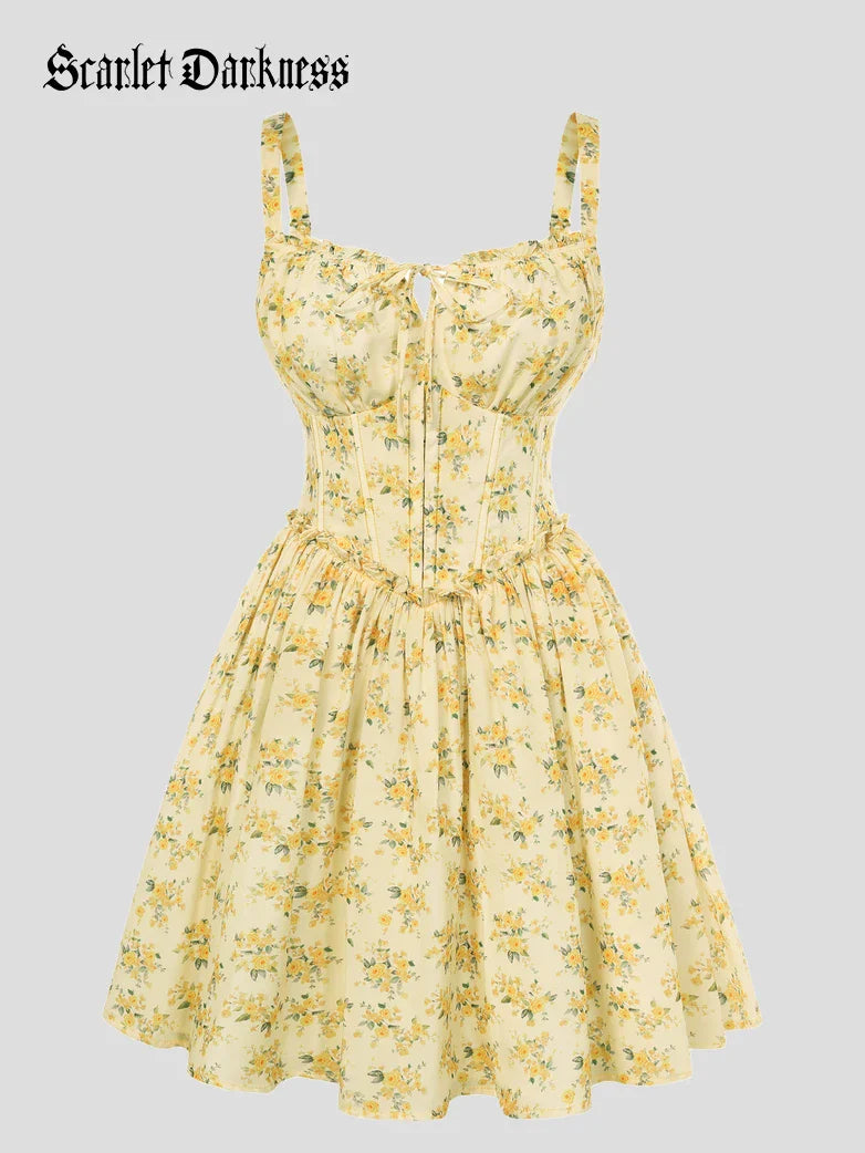 Victorian Floral Spring Corset Dress with Pockets