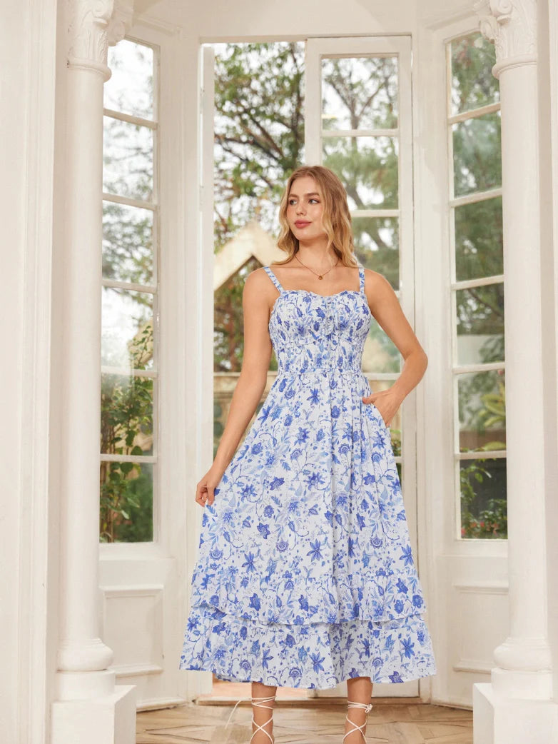 Women Renaissance Chiffon Pleated Pockets Dress