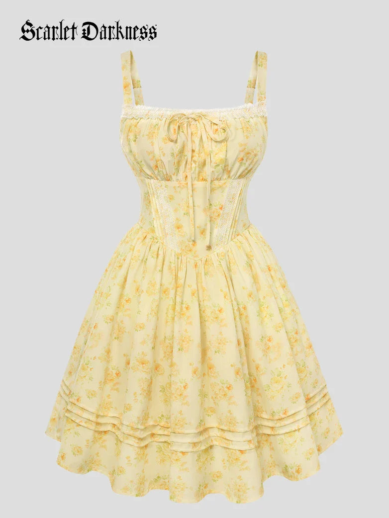 Victorian Puffy Corset Dress Sundress with Pockets