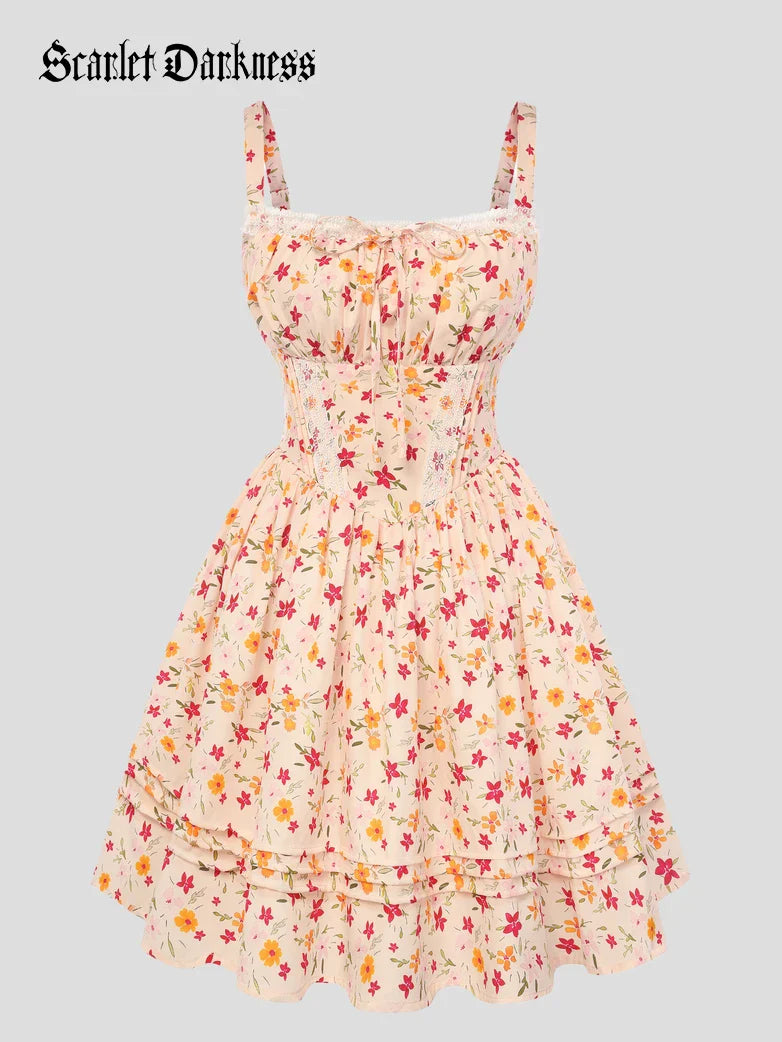 Victorian Puffy Corset Dress Sundress with Pockets